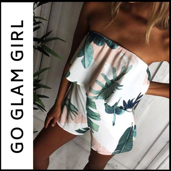 Glam Girl Fashion Pants - NWT Strapless Palm Leaf Romper, White/Green